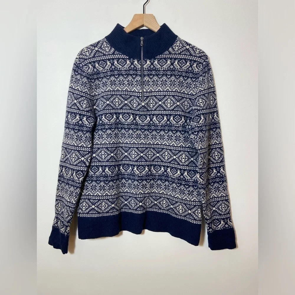 J. crew Mens Lambswool Fair Isle Sweater 1/4 zip pullover Sweater Size Large